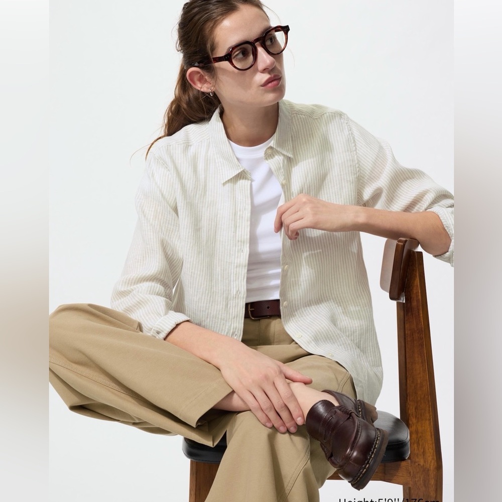 Uniqlo Casual Cream and light green linen Button-Up Shirt